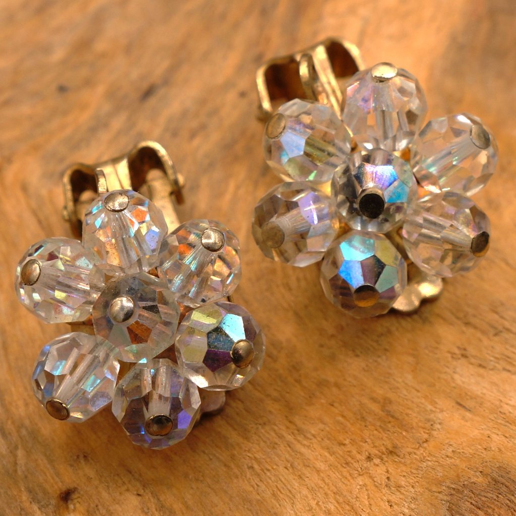 Vintage Aurora Borealis Floral Faceted Glass Earrings Brass Tone Clip-Ons